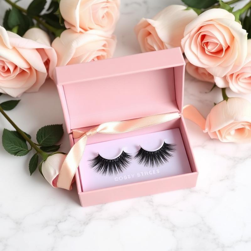 Custom Lash Set — bespoke lashes in a blush pink gift box with champagne ribbon